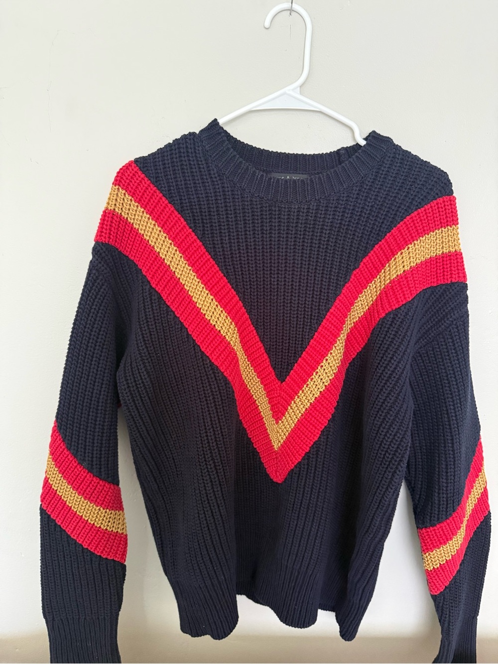 rag & bone Navy Crew Sweater with Red and Gold Chevron